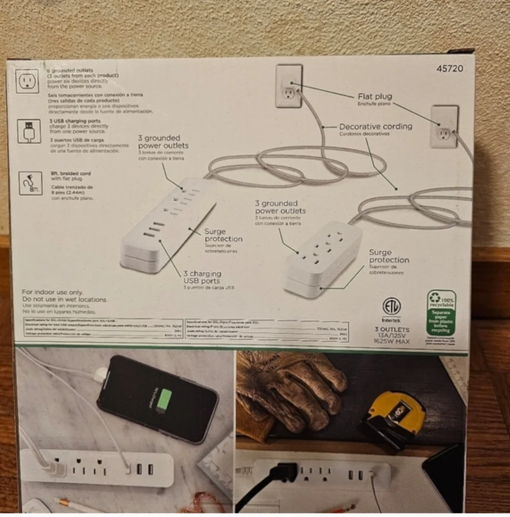 Jasco 2 Pack Extension Cords with USB Charging 8 Ft Extra Long 6 Outlets 3 USB